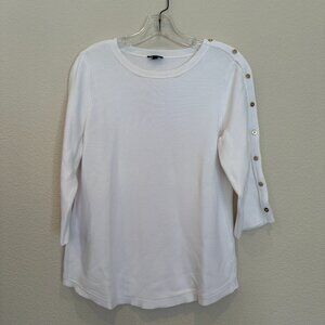 Talbots White Pullover Sweater with Gold Button Detail Down Left Arm